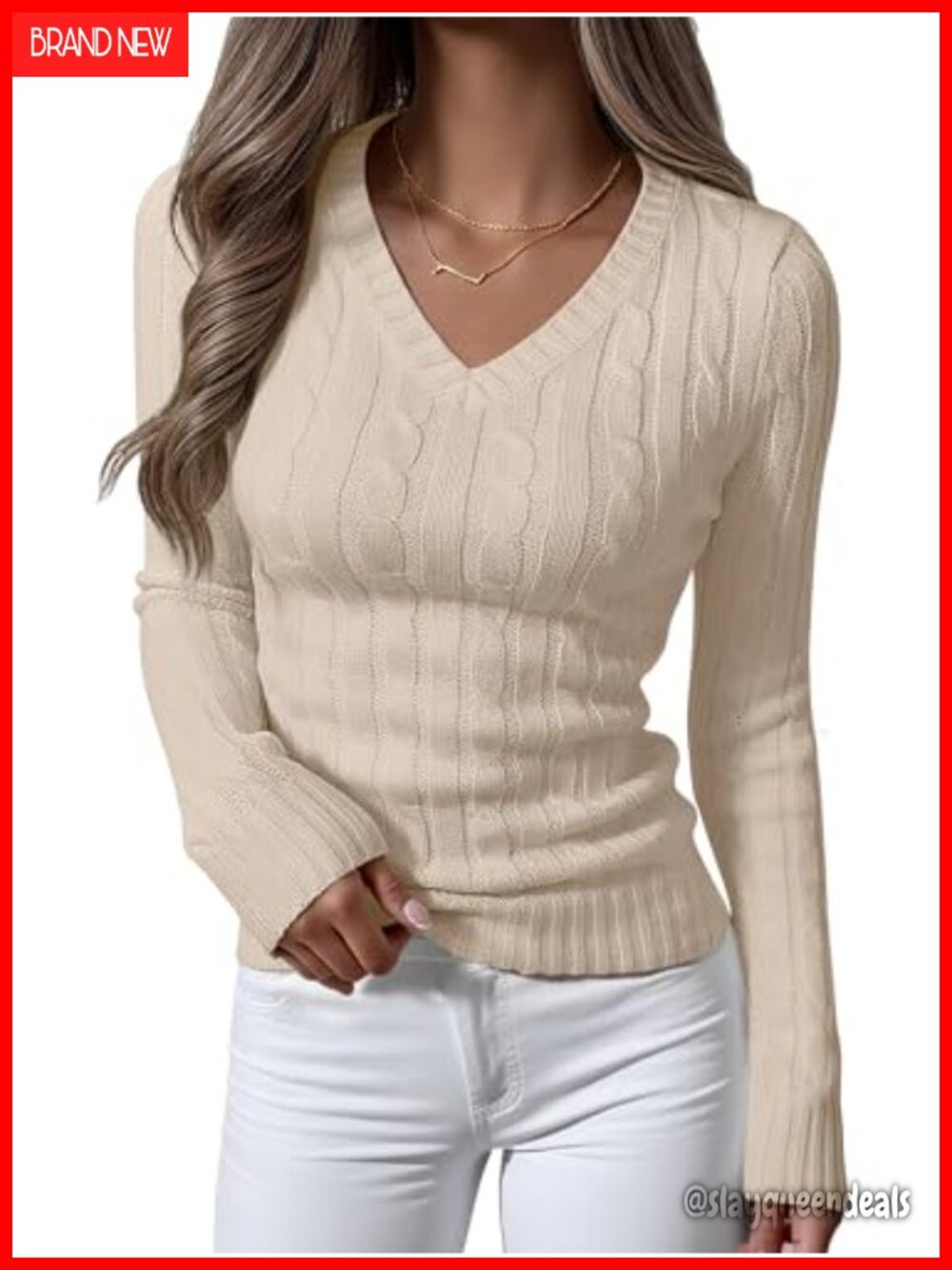 Cable Knit V Neck Long Sleeve Fitted Sweater Top